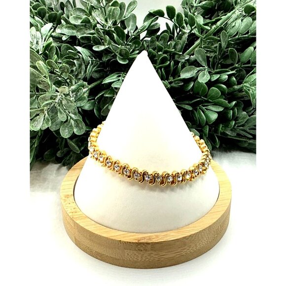 Gold-Tone Tennis Bracelet With Rhinestones and Double-Layered Chain Design - Picture 5 of 7